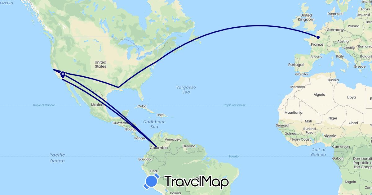 TravelMap itinerary: driving in Colombia, France, United States (Europe, North America, South America)